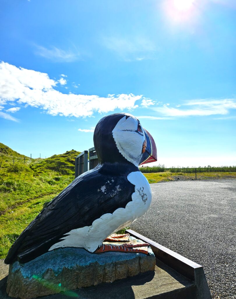 estatua de un puffin en la costa sur